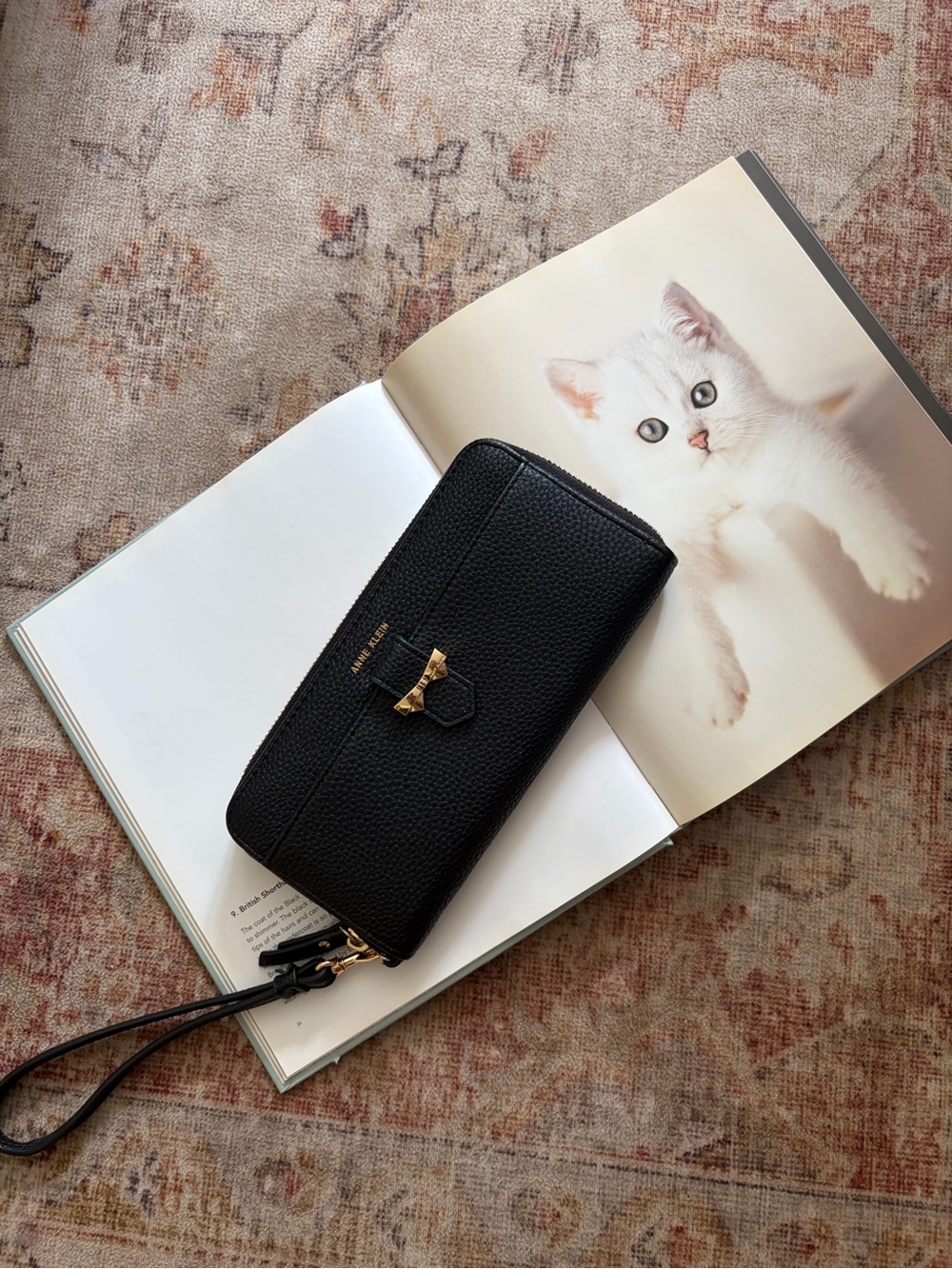Black Women's Zip Wristlet Wallet with Gold Bow Accent
